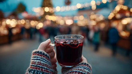 Person holding a glass of warm spiced mulled wine with star anise and dried orange, enjoying the...