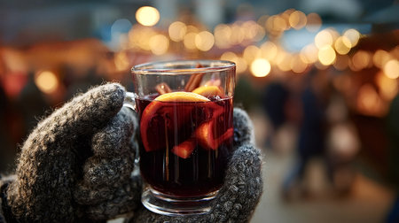 Hands in knitted gray gloves holding a warm mug of mulled wine with citrus slices and cinnamon sticks, enjoying a festive atmosphere with glowing bokeh lights in the backgroundの写真素材