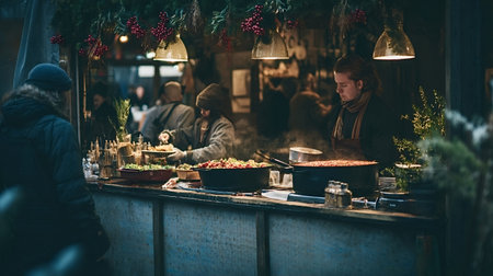Crowd gathered at a festive Christmas market stall enjoying warm street food and steaming seasonal...