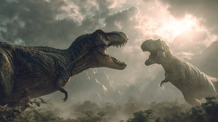 Two ferocious tyrannosaurus rex dinosaurs are roaring and confronting each other in a misty...