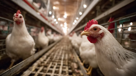 White chickens are living in multiple rows of narrow metal cages inside a large industrial poultry...
