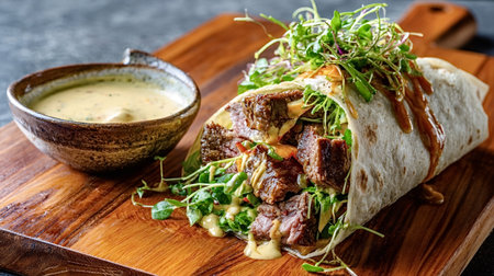Savory beef wrap filled with fresh greens, tender meat chunks, and creamy sauce, presented beautifully on a wooden cutting board with an accompanying dipping bowlの写真素材