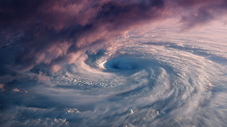 Hurricane creating a massive vortex of clouds and a clear eye, illustrating the immense power of tropical cyclones and natural weather phenomena over earthの写真素材