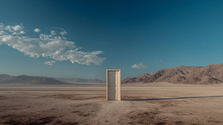 Door standing in the middle of a desolate desert landscape under a clear blue sky, evoking themes of...