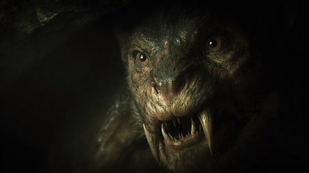 Terrifying monster with gleaming fangs and menacing eyes emerging from deep cave shadows, evoking creepy, horror filled atmosphere and primal fear in the wild undergroundの写真素材