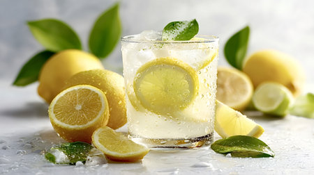 Cold lemonade with lemon slices, ice and mint on a wet white surface, surrounded by whole and sliced...