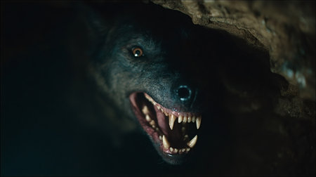 Aggressive snarling wolf like beast with glowing eyes and razor teeth lunges from a dark cave...