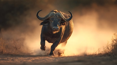 African buffalo charging through dust at sunset, muscles straining and horns forward, dramatic golden hour motion capturing power, speed and untamed savannah energyの写真素材