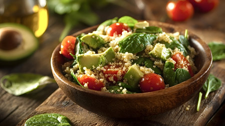 Quinoa salad serving a healthy and fresh meal in a rustic wooden bowl, showing vibrant vegetables and a nutritious blend of ingredients for a balanced dietの写真素材
