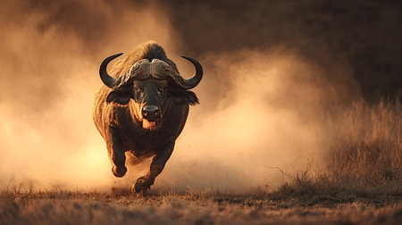 African buffalo charging head on through rising dust on a golden savanna at sunset, conveying raw...
