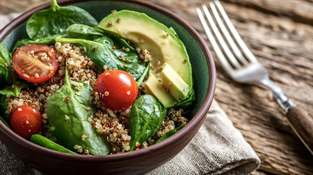 Quinoa salad filling a ceramic bowl, featuring fresh spinach, sliced avocado, and vibrant red cherry tomatoes, promoting healthy eating and vegan lifestylesの写真素材
