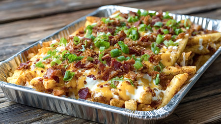 Savory loaded cheese fries, generously topped with crispy bacon bits, melted cheddar, a creamy white...