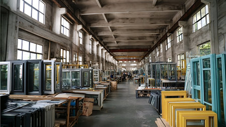 Factory interior showing large industrial space producing windows with many different colored frames, showcasing manufacturing processes and a busy workspace with peopleの写真素材