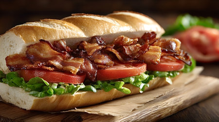 Blt sub sandwich with crispy bacon, crisp green lettuce and ripe tomato slices on a long roll,...