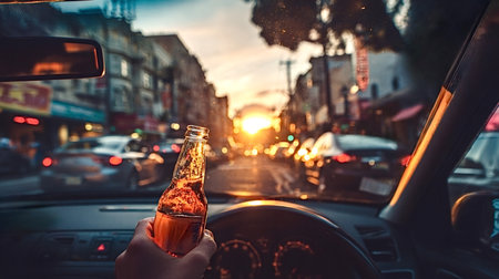 Person's hand holding a glass bottle of alcohol inside a car, driving on a busy city street during sunset, highlighting the dangerous concept of drinking and drivingの写真素材