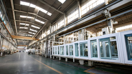 Factory interior showing completed pvc window frames lined up on a production line, ready for distribution within a spacious industrial manufacturing facilityの写真素材
