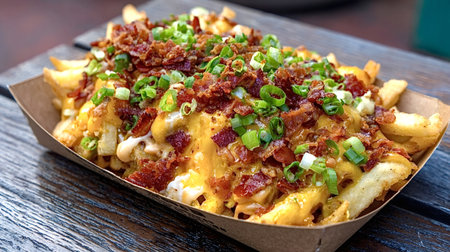 Loaded French fries overflowing with melted cheese sauce, crispy bacon bits, and fresh green...