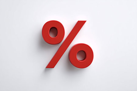 Red percent symbol casting a soft shadow on a clean white background, visualizing discount, interest rates, finance, sales, pricing, and economic concepts for marketing and business useの写真素材
