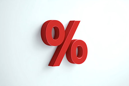 Red 3d percent symbol on a white background representing financial concepts like interest rates, sales discounts, economic growth, and business marketingの写真素材