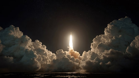 Rocket ascending into the dark starry sky, emitting a fiery propulsion trail and creating massive,...