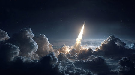 Rocket launching skyward with a bright fiery exhausted, ascending through dense clouds under a dark...