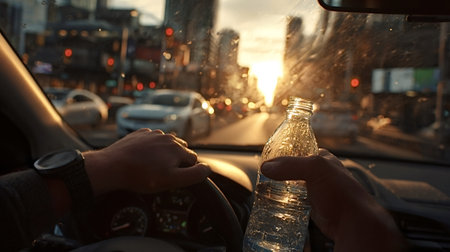 Driver in rush hour city traffic at hot golden hour, holding a plastic water bottle against the steering wheel, thirsty and waiting in slow, sunlit commuteの写真素材