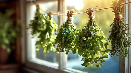 Bunches of aromatic herbs including rosemary, oregano, and thyme are drying on a string by a bright kitchen window, capturing natural sunlight and offering a fresh culinary conceptの写真素材