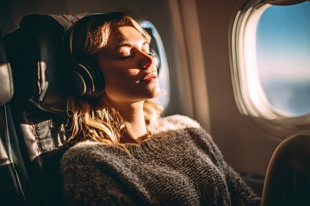 Woman enjoying a peaceful nap on an airplane while wearing headphones, sunlight illuminating her face through the window, providing comfort and relaxation during her travelsの写真素材