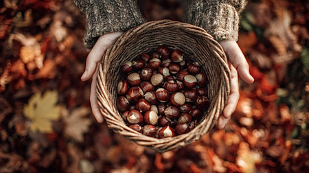 Hands in a cozy knitted sweater holding a wicker basket overflowing with freshly foraged chestnuts...