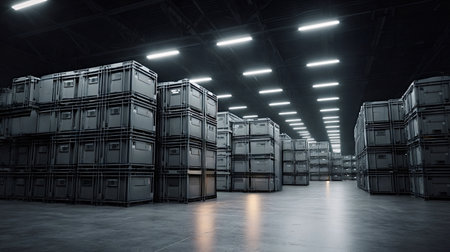 Large industrial warehouse storing numerous gray shipping containers stacked in rows. Illustrating...