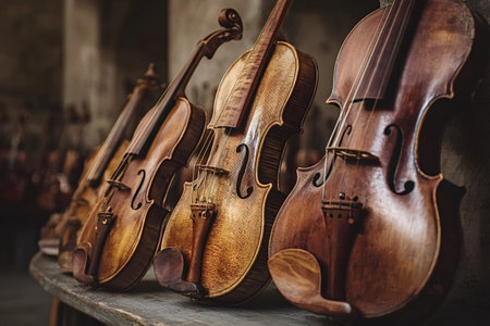 Handcrafted antique violins lined on a workshop shelf, rich wooden textures and detailed f holes, bridges and varnish showcasing luthier craftsmanship and vintage charmの写真素材