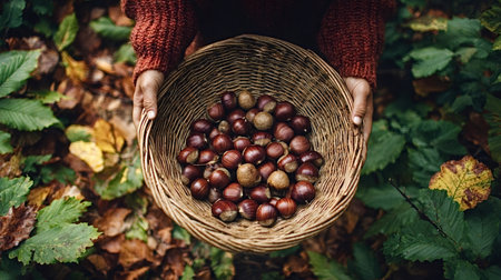 Person's hands holding a wicker basket full of freshly harvested chestnuts. Surrounded by fallen autumn leaves and green foliage on the forest floor. Symbolizing seasonal bounty and natural gatheringの写真素材