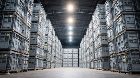 Industrial metal crates storing goods in a large warehouse facility, illustrating efficient logistics, supply chain management, and organized inventory distribution in a modern storage environmentの写真素材