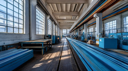 Industrial interior featuring long metal profiles on a production line, extending through an old empty factory hall with large windows casting shadows on the wooden floorの写真素材