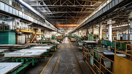 Wide shot of a spacious industrial factory interior with an overhead crane, metal products on...
