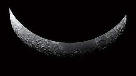 Crescent moon showing intricate surface craters and textures, a celestial body illuminated against the vastness of dark outer space, symbolizing exploration, mystery, and cosmic beautyの写真素材
