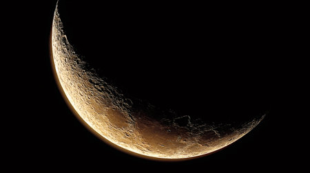 Crescent moon showing detailed illuminated craters and rugged surface against the vast blackness of space, presenting a cosmic beauty and astronomical viewの写真素材