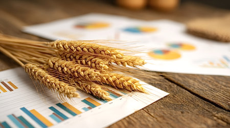 Wheat ears lying on financial charts represent agriculture market analysis, harvest statistics, and business economics, showing commodity trading and economic dataの写真素材