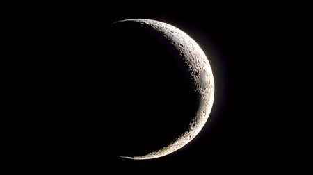 Crescent moon presenting its illuminated portion against the deep black of space, revealing detailed...