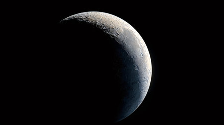 Moon crescent showing detailed craters and shadows against a deep black space, illuminating a...