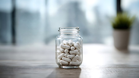 Clear glass bottle filled with white medical capsules, standing prominently on a light wooden table against a softly blurred background, symbolizing wellness and treatmentの写真素材