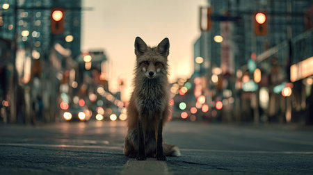 Fox sitting in the middle of a deserted urban street at dusk, city lights and buildings blurring in the background, symbolizing urban wildlife and nature adapting to human environmentsの写真素材
