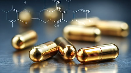 Golden pharmaceutical capsules with overlaid molecular structures, symbolizing drug development, biotech research and healthcare innovation in laboratory medicine and pharmacologyの写真素材