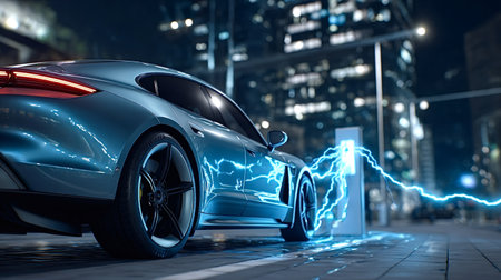 Electric car receiving a high power charge at an advanced urban station, showcasing fast charging, green energy and modern sustainable mobility in a glowing city nightscapeの写真素材