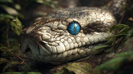 Reptile head close up with intricate scales and a mesmerizing vivid blue eye peering from lush green...