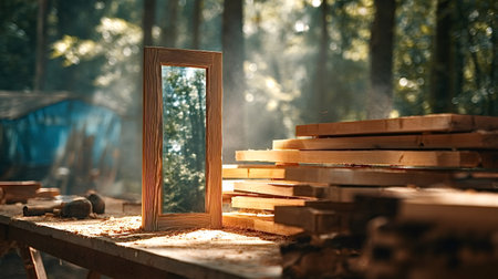 Wooden framed mirror reflecting a green forest, standing on a sawdust covered workbench next to a stack of timber planks, illuminated by warm sunlight in an outdoor carpentry settingの写真素材