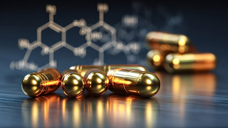 Golden capsules standing on a reflective surface with a blurred chemical formula in the background, symbolizing cutting edge pharmaceutical research and developmentの写真素材