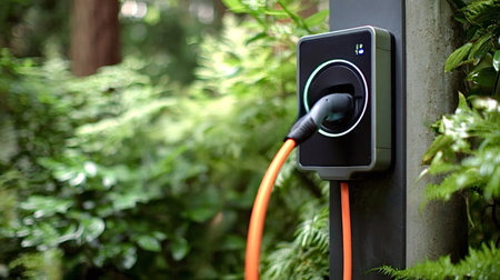 Electric vehicle charging station with orange cable and connector supplying power, symbolizing...