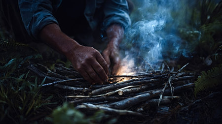 Person starting a controlled outdoor fire using small wood sticks, with blue smoke rising from the...