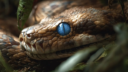 Coiled snake in its natural habitat, textured brown scales and a piercing blue eye in close up,...
